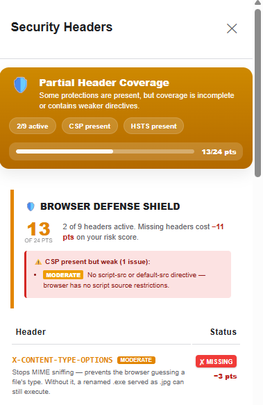 Scantide Observe server headers panel evaluating security headers like CSP, HSTS, and X-Frame-Options