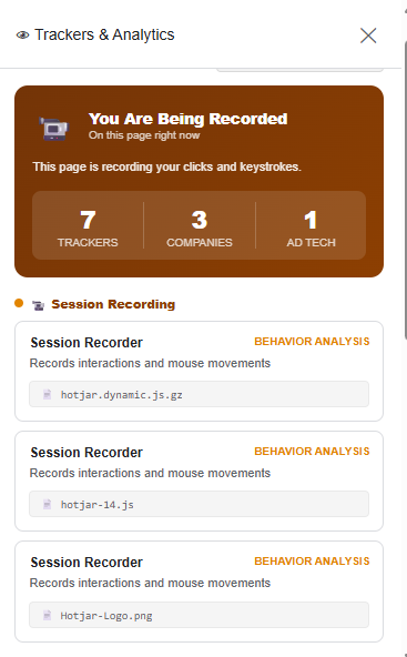 Scantide Observe tracker analysis panel identifying third-party tracking, analytics, and advertising technologies on a website
